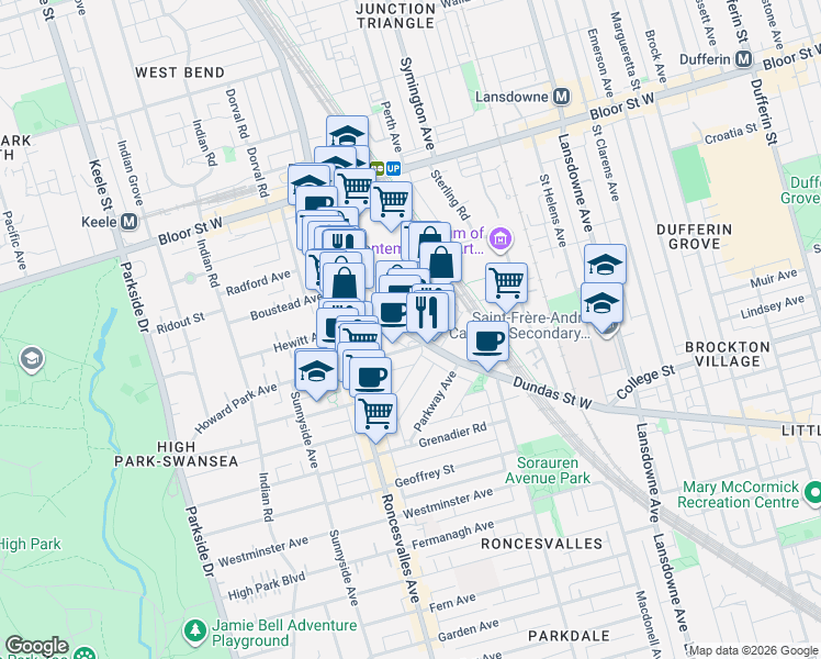 map of restaurants, bars, coffee shops, grocery stores, and more near 2100 Dundas Street West in Toronto