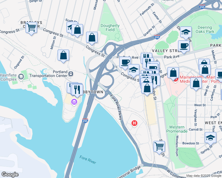 map of restaurants, bars, coffee shops, grocery stores, and more near 57 Frederic Street in Portland