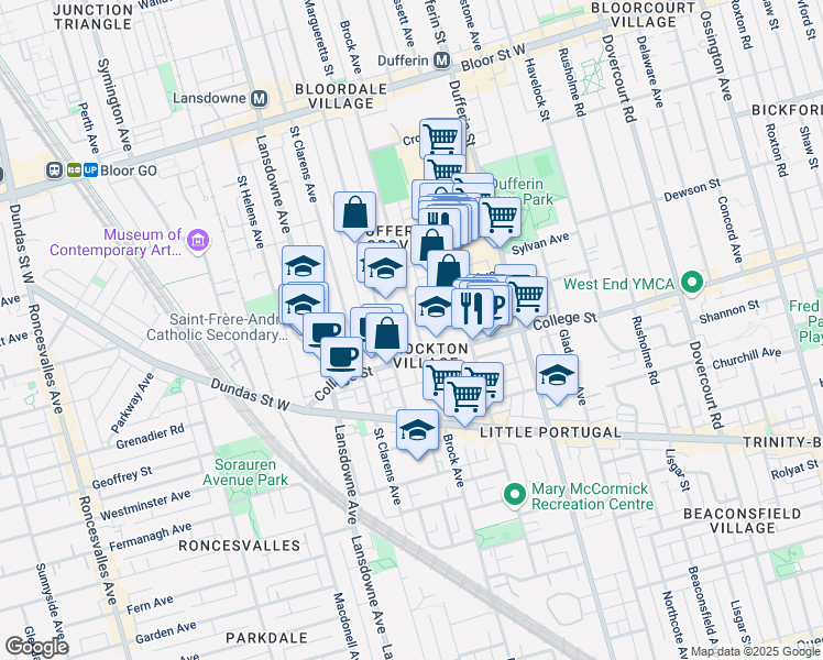 map of restaurants, bars, coffee shops, grocery stores, and more near in Toronto