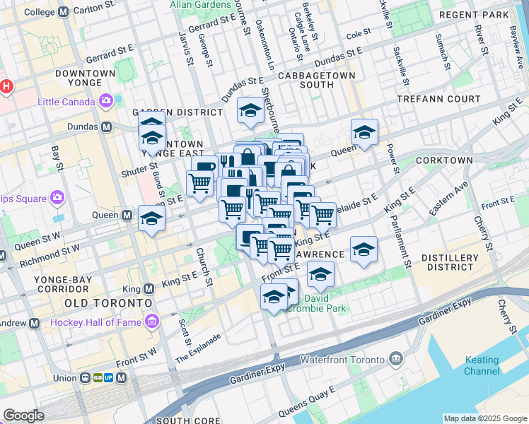 map of restaurants, bars, coffee shops, grocery stores, and more near 118 George Street in Toronto