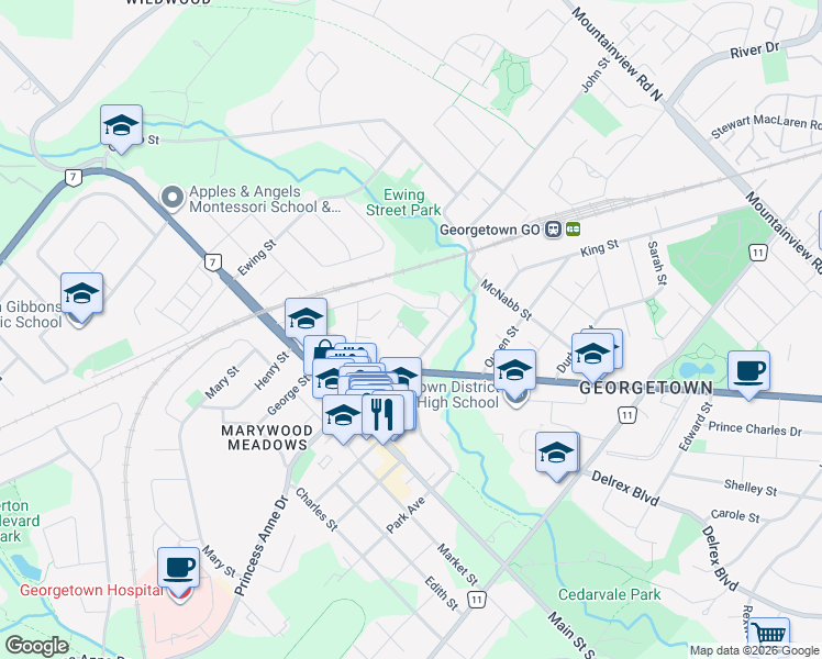 map of restaurants, bars, coffee shops, grocery stores, and more near 42 Mill Street in Halton Hills