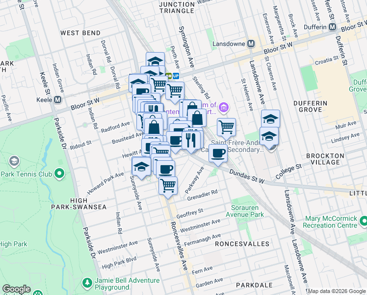 map of restaurants, bars, coffee shops, grocery stores, and more near 2102A Dundas Street West in Toronto