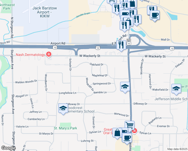 map of restaurants, bars, coffee shops, grocery stores, and more near 2208 Mapleleaf Drive in Midland