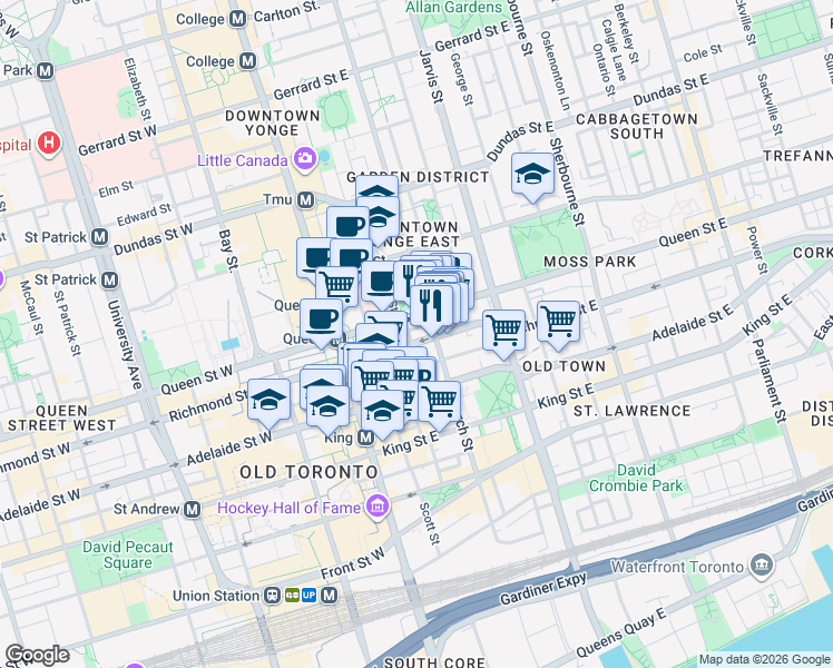 map of restaurants, bars, coffee shops, grocery stores, and more near 60 Richmond Street East in Toronto