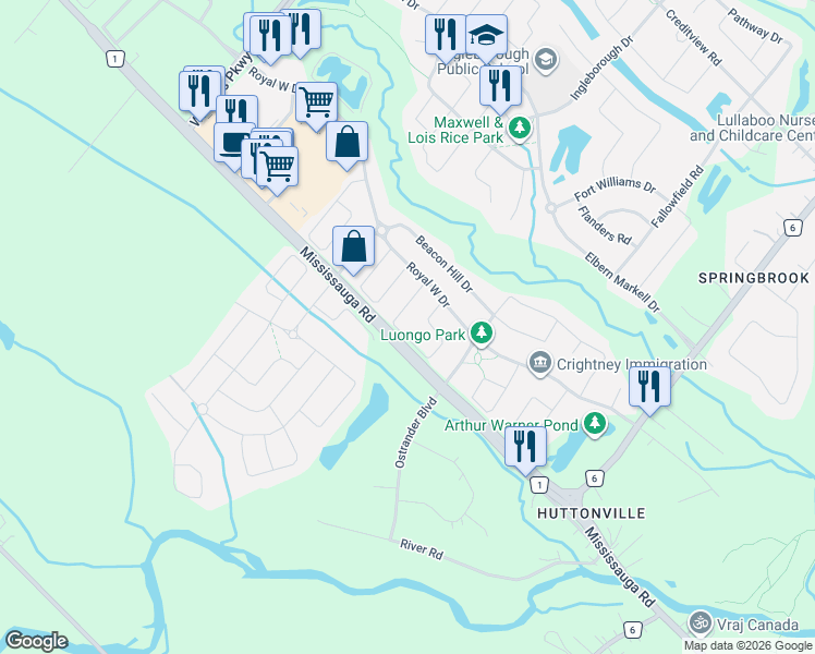 map of restaurants, bars, coffee shops, grocery stores, and more near in Brampton