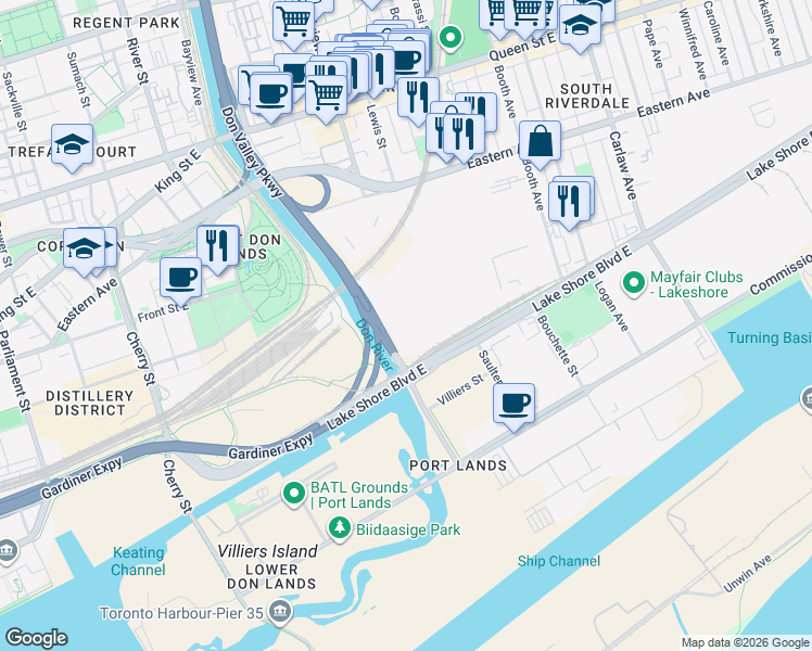 map of restaurants, bars, coffee shops, grocery stores, and more near 21 Don Roadway in Toronto