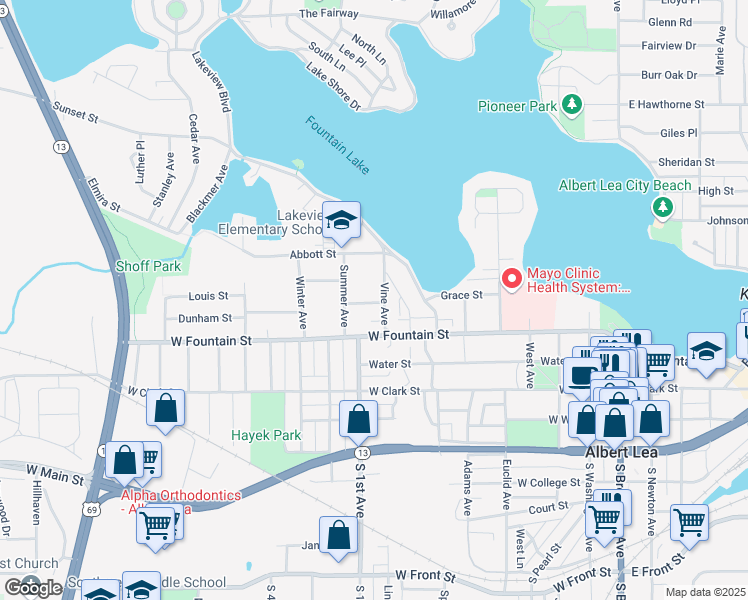 map of restaurants, bars, coffee shops, grocery stores, and more near 806 John Farry Place in Albert Lea