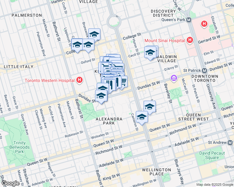 map of restaurants, bars, coffee shops, grocery stores, and more near 574 Dundas Street West in Toronto