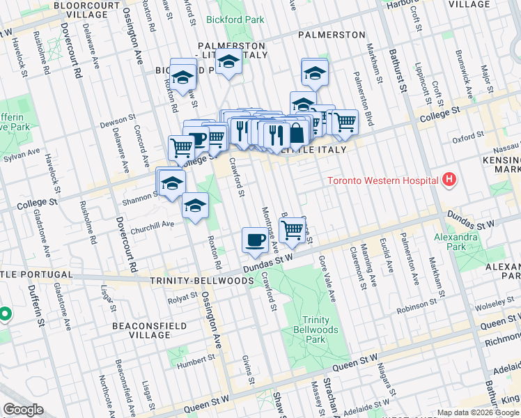 map of restaurants, bars, coffee shops, grocery stores, and more near 96 Montrose Avenue in Toronto
