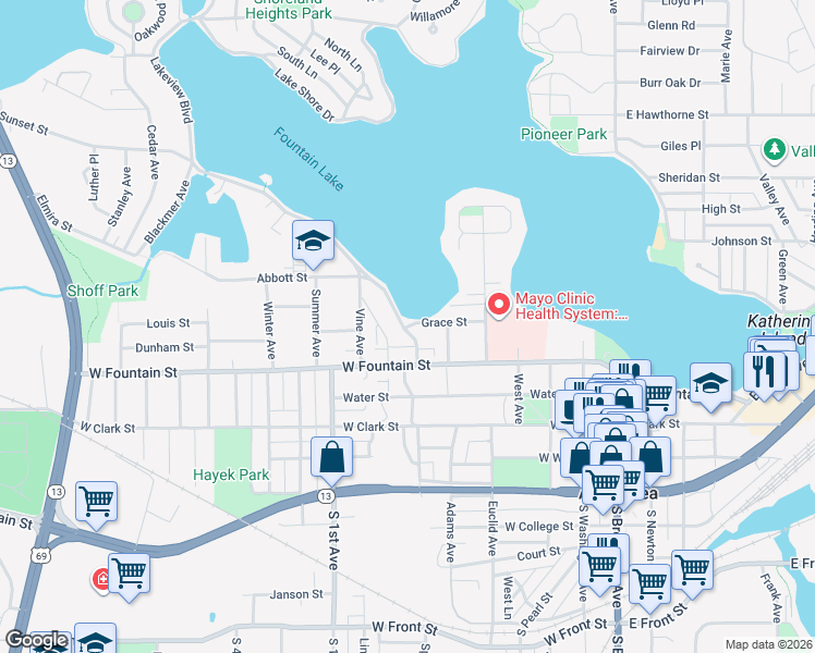 map of restaurants, bars, coffee shops, grocery stores, and more near 615 Grace Street in Albert Lea