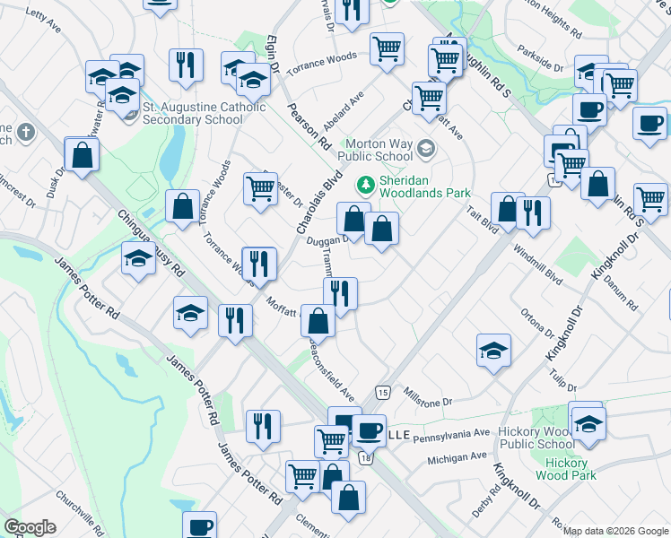 map of restaurants, bars, coffee shops, grocery stores, and more near 17 Trammell Lane in Brampton
