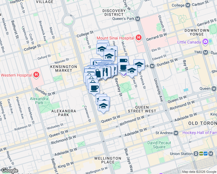 map of restaurants, bars, coffee shops, grocery stores, and more near 30 Grange Avenue in Toronto