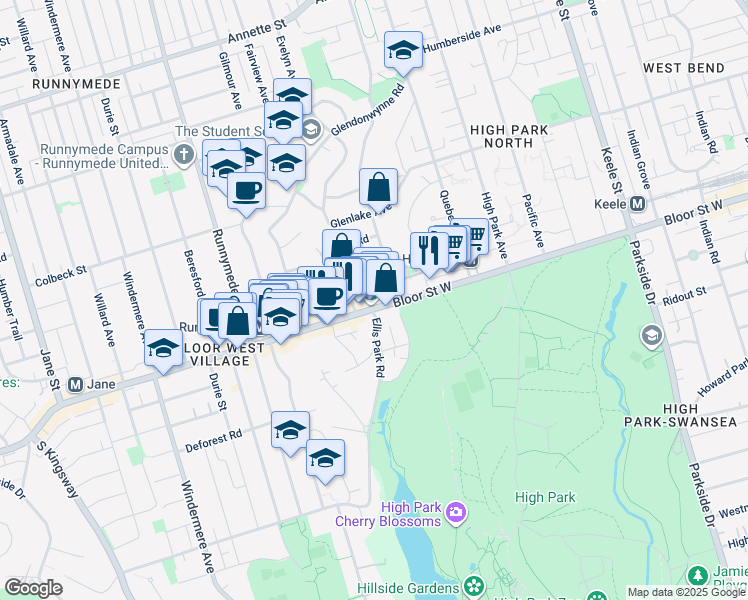 map of restaurants, bars, coffee shops, grocery stores, and more near 2112 Bloor Street West in Toronto