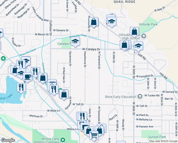 map of restaurants, bars, coffee shops, grocery stores, and more near 3602-3618 Hawthorne Drive in Boise