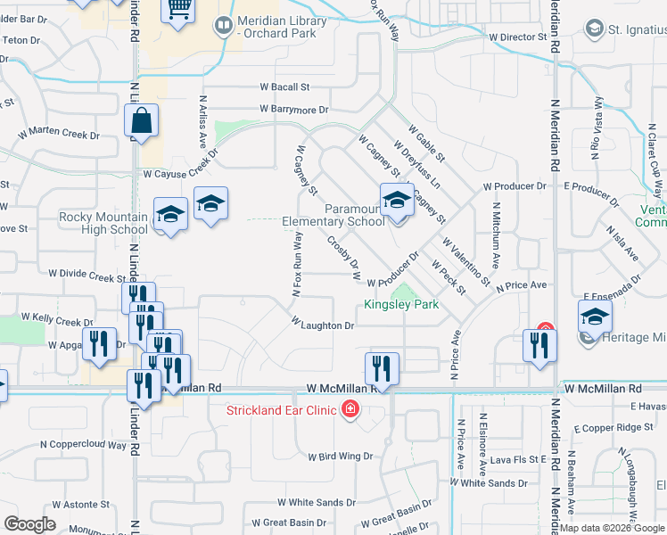 map of restaurants, bars, coffee shops, grocery stores, and more near 5389 North Dietrich Avenue in Meridian
