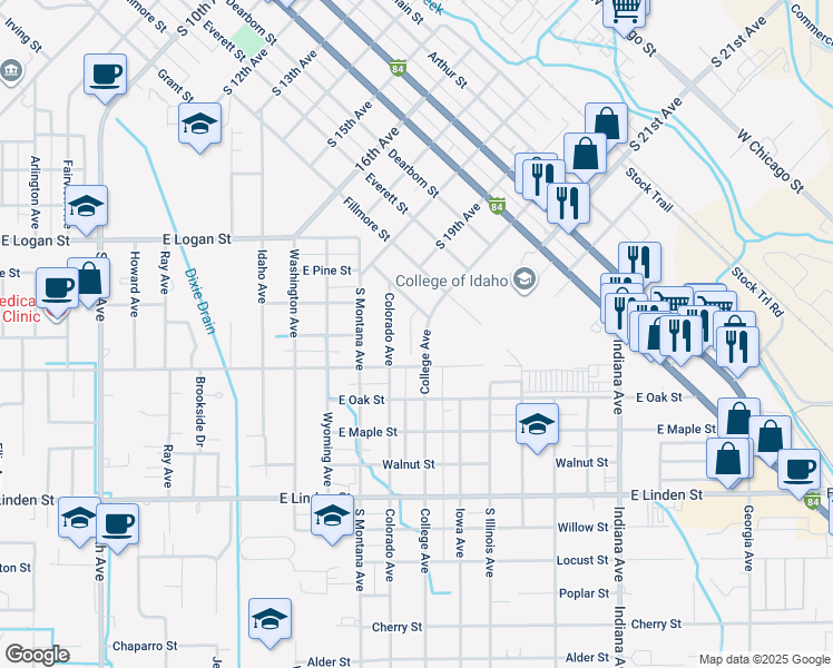 map of restaurants, bars, coffee shops, grocery stores, and more near 2000 College Avenue in Caldwell
