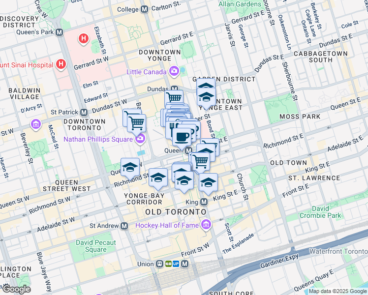 map of restaurants, bars, coffee shops, grocery stores, and more near 228 Yonge Street in Toronto