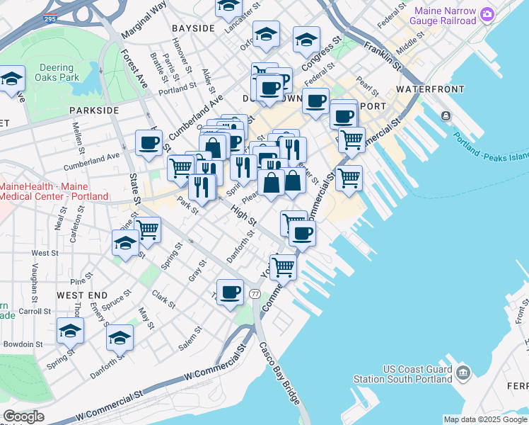 map of restaurants, bars, coffee shops, grocery stores, and more near 88 Pleasant Street in Portland