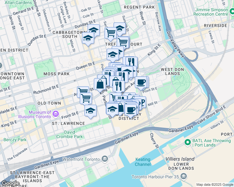 map of restaurants, bars, coffee shops, grocery stores, and more near in Toronto