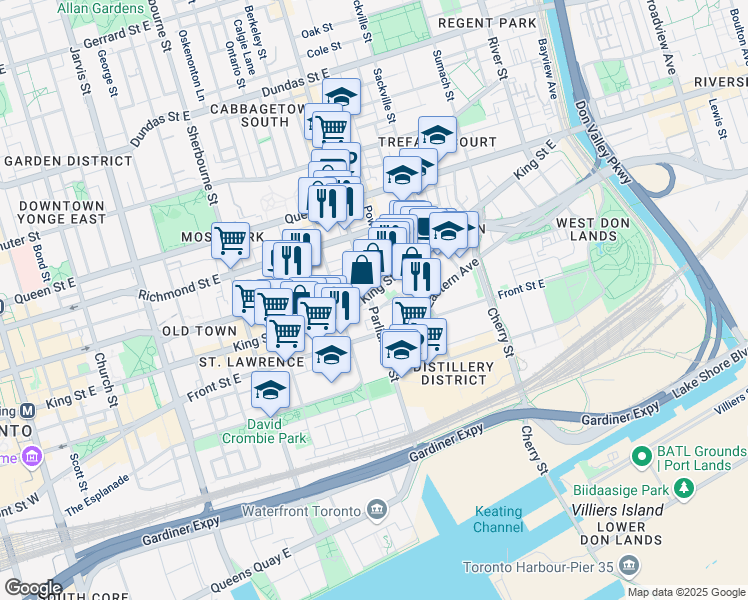 map of restaurants, bars, coffee shops, grocery stores, and more near in Toronto