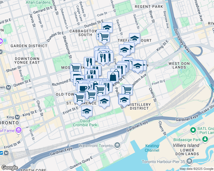 map of restaurants, bars, coffee shops, grocery stores, and more near in Toronto