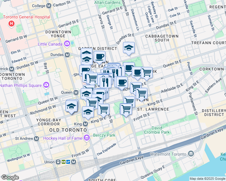 map of restaurants, bars, coffee shops, grocery stores, and more near 111 Queen Street East in Toronto