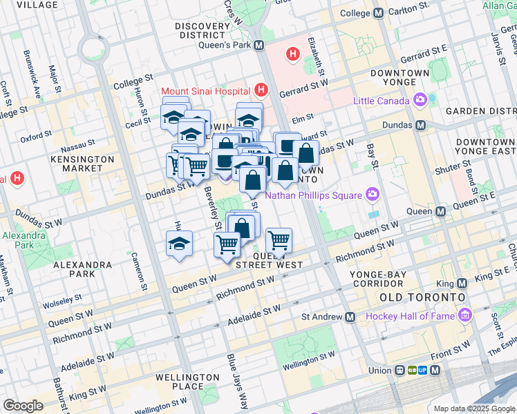 map of restaurants, bars, coffee shops, grocery stores, and more near 83 B McCaul Street in Toronto