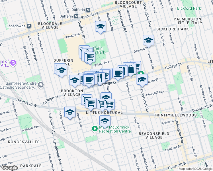map of restaurants, bars, coffee shops, grocery stores, and more near 334A Gladstone Avenue in Toronto
