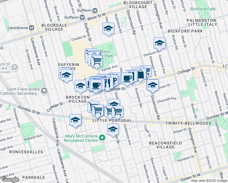 map of restaurants, bars, coffee shops, grocery stores, and more near in Toronto