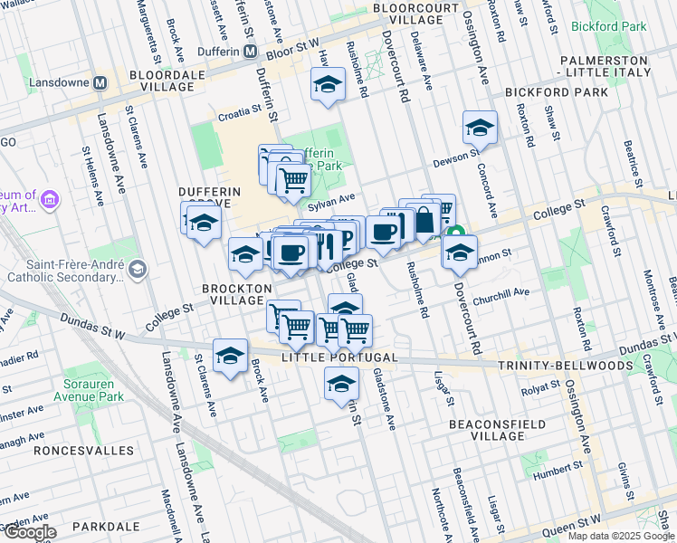 map of restaurants, bars, coffee shops, grocery stores, and more near in Toronto