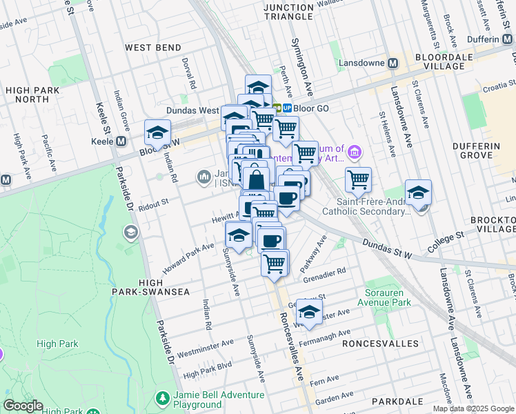 map of restaurants, bars, coffee shops, grocery stores, and more near in Toronto