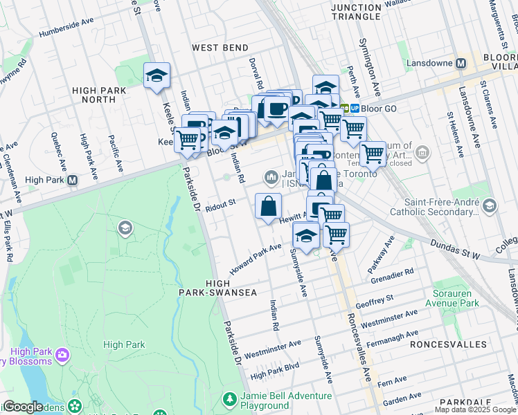 map of restaurants, bars, coffee shops, grocery stores, and more near in Toronto