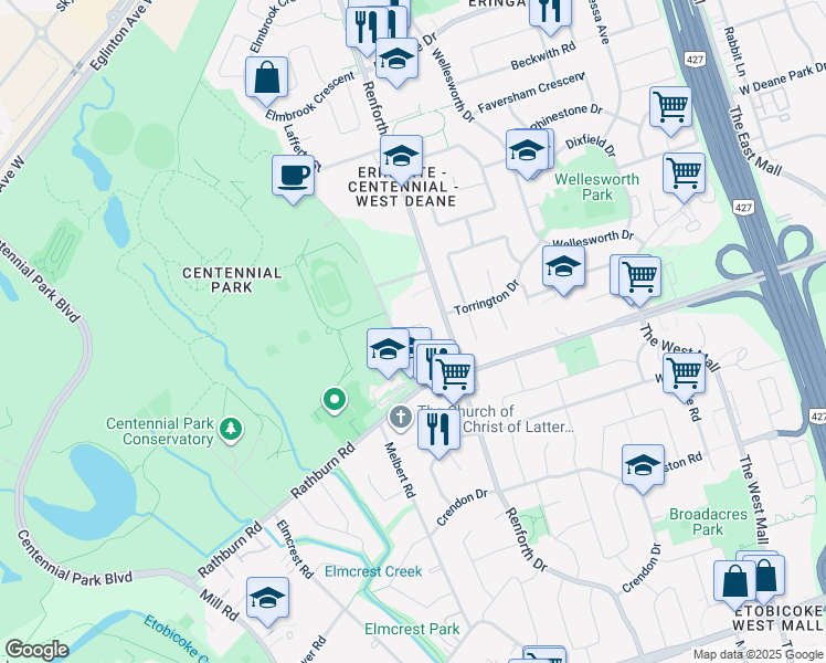 map of restaurants, bars, coffee shops, grocery stores, and more near in Toronto