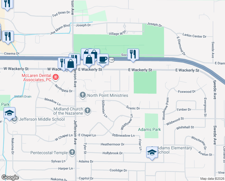 map of restaurants, bars, coffee shops, grocery stores, and more near 6106 Peachtree Circle in Midland