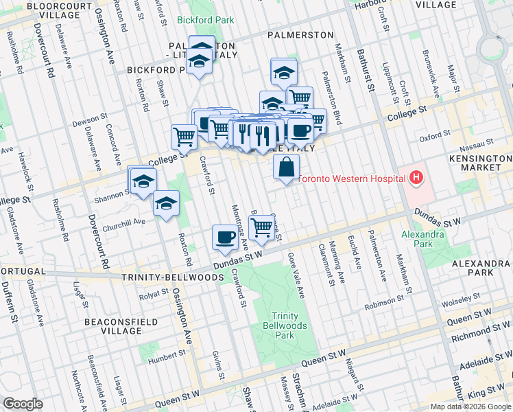 map of restaurants, bars, coffee shops, grocery stores, and more near 89 Beatrice Street in Toronto