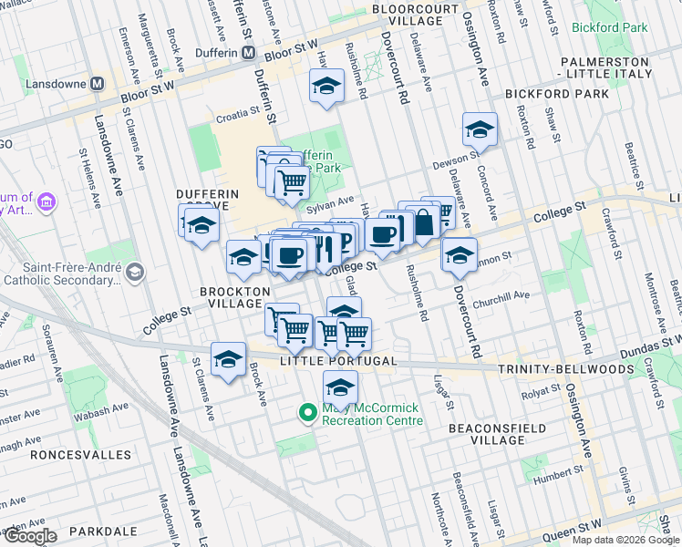 map of restaurants, bars, coffee shops, grocery stores, and more near 1069 College Street in Toronto