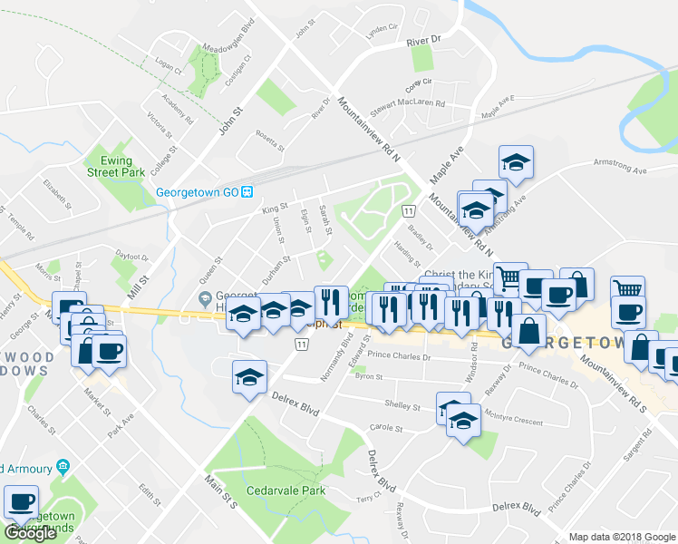 map of restaurants, bars, coffee shops, grocery stores, and more near 20 McClure Court in Halton Hills
