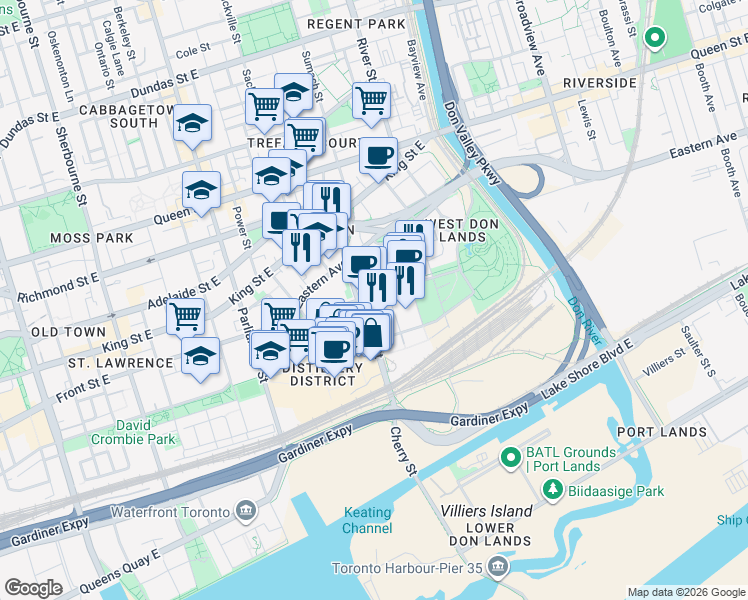 map of restaurants, bars, coffee shops, grocery stores, and more near 425 Front Street East in Toronto