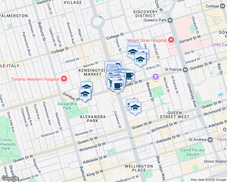 map of restaurants, bars, coffee shops, grocery stores, and more near 519 Dundas Street West in Toronto
