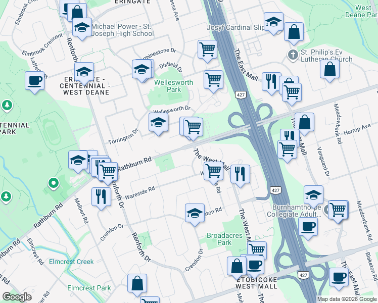 map of restaurants, bars, coffee shops, grocery stores, and more near 452 Rathburn Road in Toronto