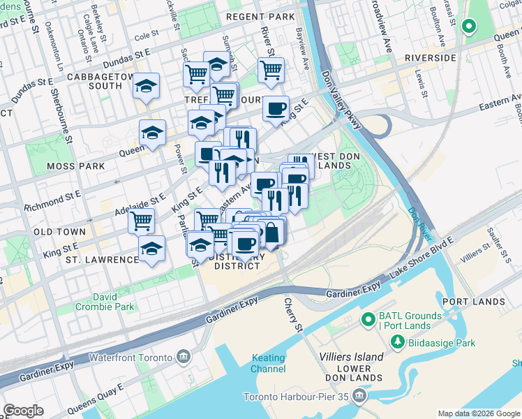 map of restaurants, bars, coffee shops, grocery stores, and more near Front St E & Cherry St in Toronto
