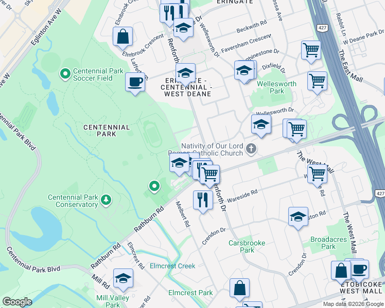 map of restaurants, bars, coffee shops, grocery stores, and more near 19 Centennial Park Road in Toronto