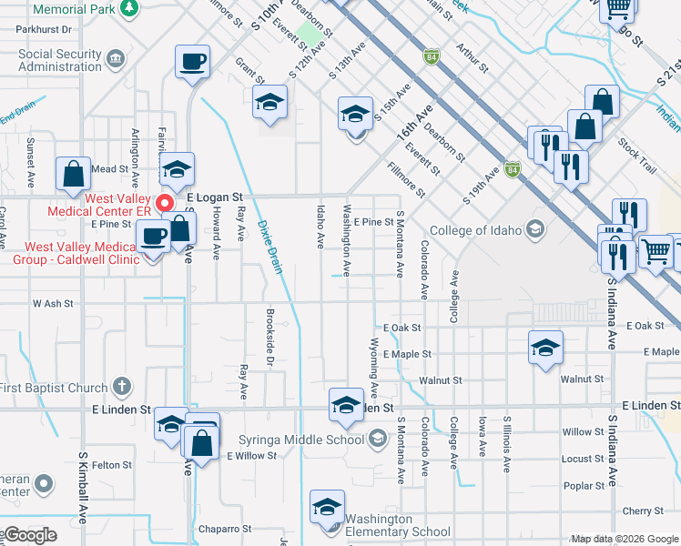 map of restaurants, bars, coffee shops, grocery stores, and more near 1907 Idaho Avenue in Caldwell