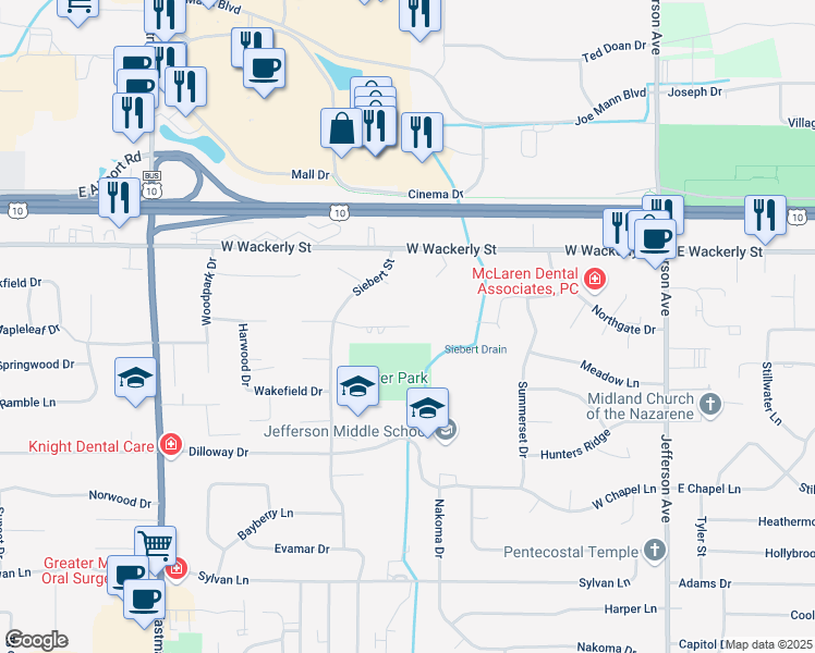 map of restaurants, bars, coffee shops, grocery stores, and more near 712 Sterling Drive in Midland