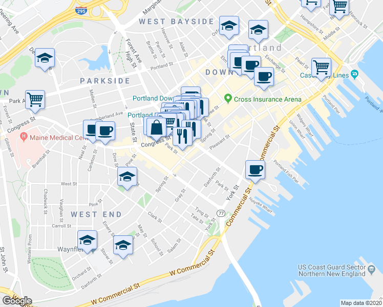 map of restaurants, bars, coffee shops, grocery stores, and more near 122 Spring Street in Portland