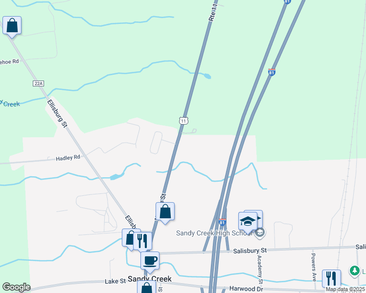 map of restaurants, bars, coffee shops, grocery stores, and more near 6200 North Main Street in Sandy Creek