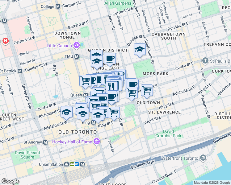 map of restaurants, bars, coffee shops, grocery stores, and more near 78 Richmond Street East in Toronto