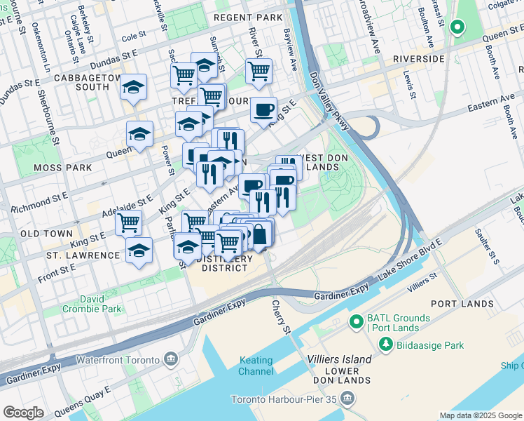 map of restaurants, bars, coffee shops, grocery stores, and more near 425 Front Street East in Toronto