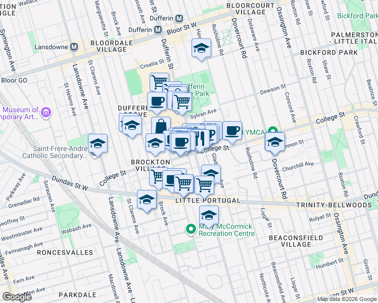 map of restaurants, bars, coffee shops, grocery stores, and more near 1116 College Street in Toronto