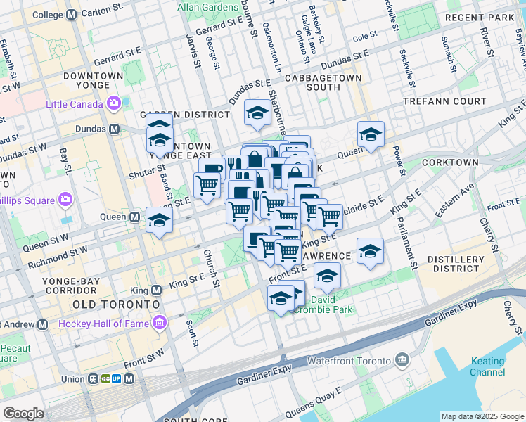 map of restaurants, bars, coffee shops, grocery stores, and more near 121 George Street in Toronto